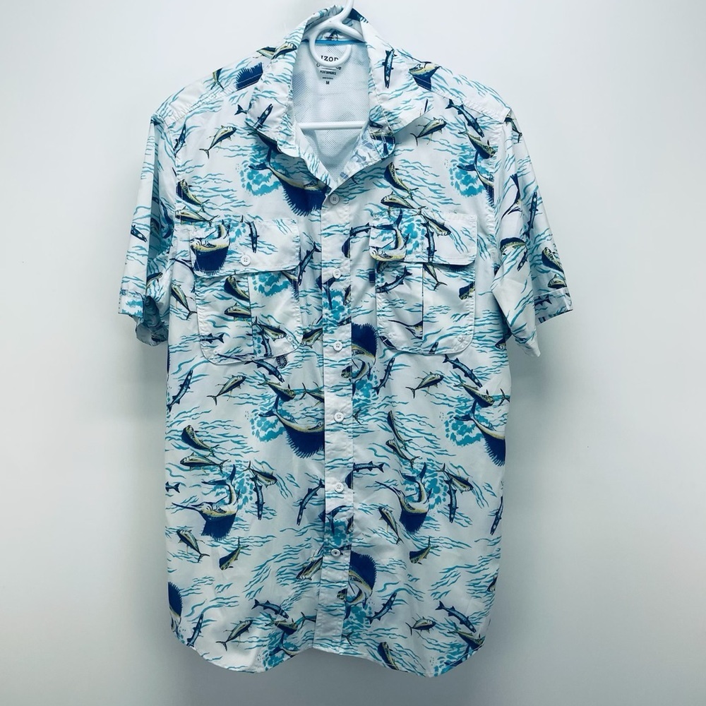 Izod Saltwater Performance Shirt Men’s White Blue Short Sleeves Pocket Ocean M